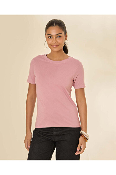 REDTAG Women Mauve Plain Crew Neck T-Shirt