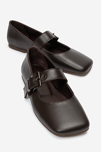 LuviShoes Jonas Brown Leather Genuine Leather Women's Ballerina Shoes with Belt