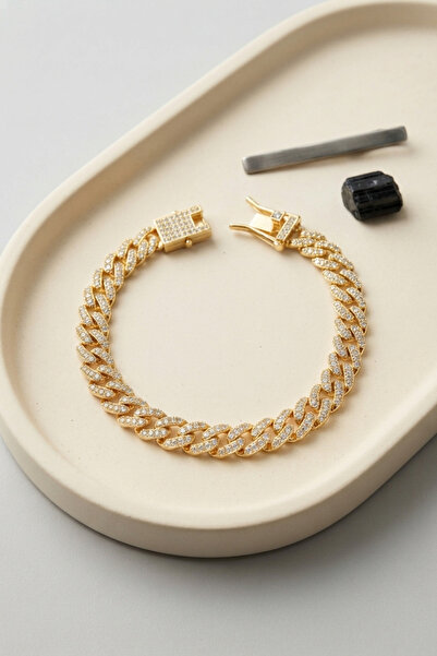Mega Bazaar Gold Color Zircon Stone Cuban Chain Model Clip Closure Men's Brac...
