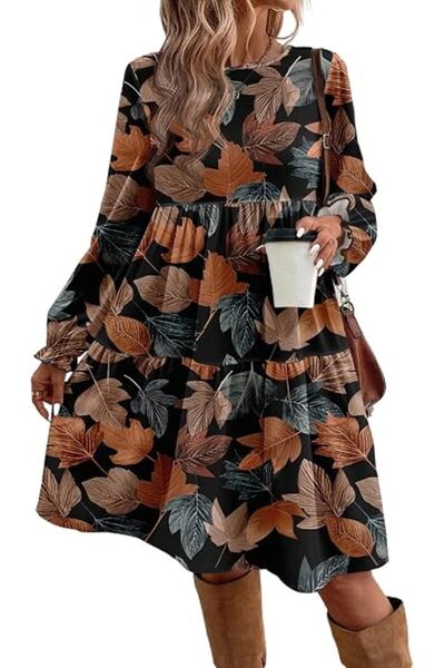 Dotail Rochie de damă, imprimeu cu frunze, mărimea XL, poliester, negru și mu...