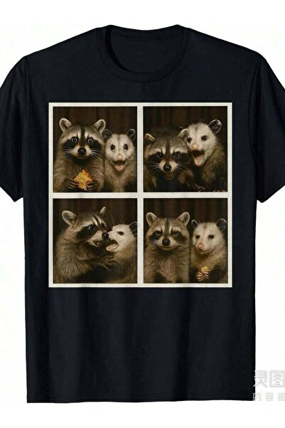 9JY Fun Meerkat Raccoon Selfie Studio Pattern-Shirt - Retro Style Unisex Shor...