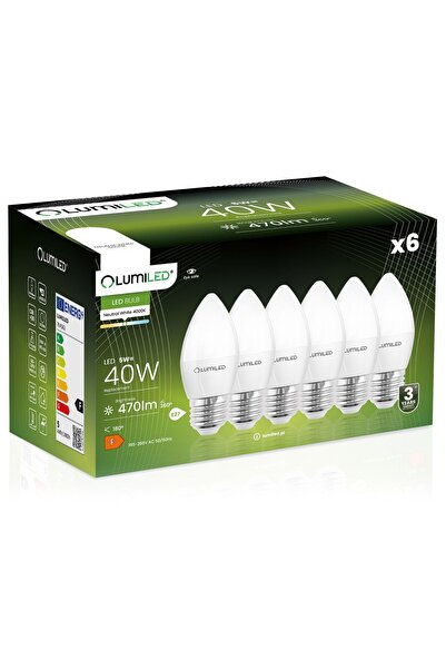 Lumiled 6x Bec LED E27 tip lumânare B35 5W = 40W 470lm 4000K Neutru 180 °