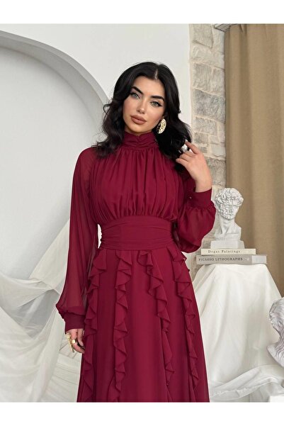 Moda Days Γυναικείο μάξι φόρεμα από μπορντό σιφόν με ψηλό γιακά, μακριά μανίκ...