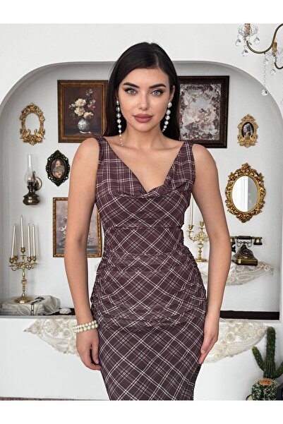 Clothes Fast Rochie midi maro pentru femei, cu model în carouri, guler drapat...