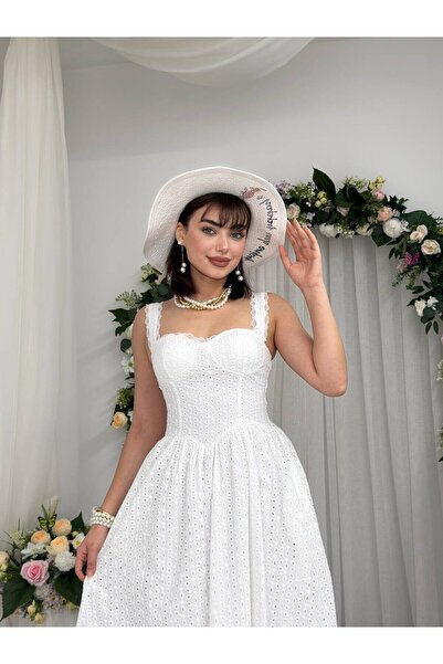 Moda Days Women's White Dress with Scallop Texture, Straps, Heart Collar, Gat...