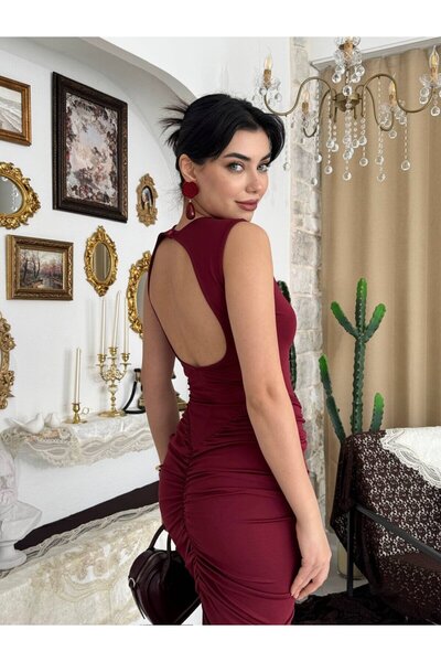 Moda Days Γυναικείο μπορντό μίντι φόρεμα με ανοιχτή πλάτη, με κορδόνια, αμάνι...