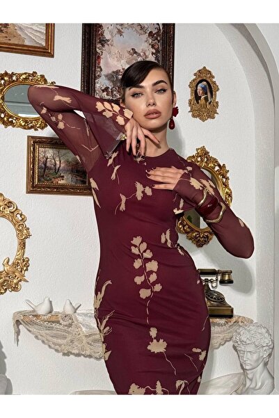 Clothes Fast Women's Burgundy Floral Patterned Tulle Long Sleeve Crew Neck Mi...