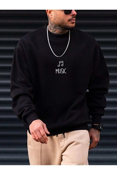 JENOLAN Men's Music Printed Black Crew Neck Unisex Oversize Sweatshirt
