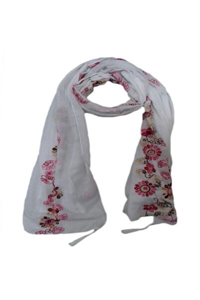OEM Esarfa mare alba din vascoza, cu broderie roz si franjuri in colturi