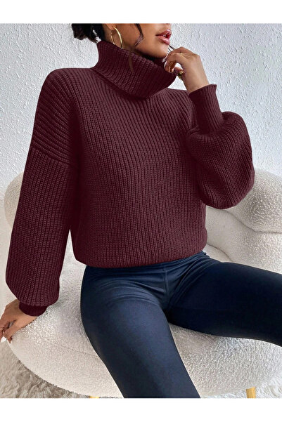 dgs look Burgundy Turtleneck Cotton Women's Knitwear Oversize Sweater