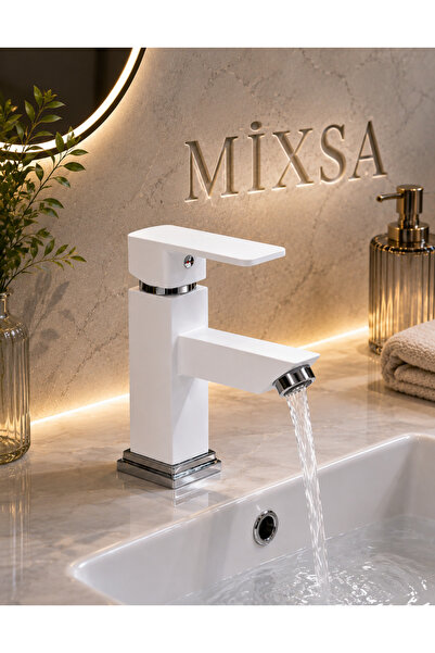 MİXSA Beyaz Kare Sabit Lavabo Bataryası Lüx Tasarım Premium %100 Pirinç Gövde...