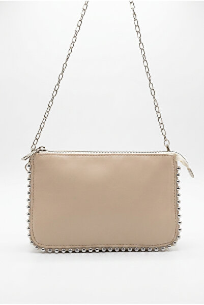 Baguar Women's Mink Color 3-Compartment Chain Strap Stone Detailed Hand and Shoulder Bag