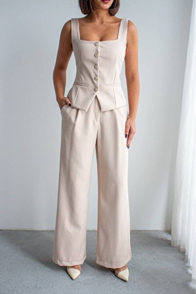 NEW JOURNAL Women's Beige Stone Button Detailed Corset Vest Double Set Nh265844