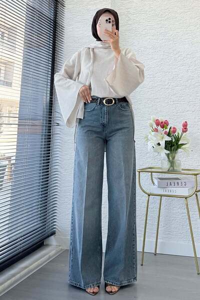 MELEK ARAZ Premium Stonewashed Palazzo Jean Trousers - Gray