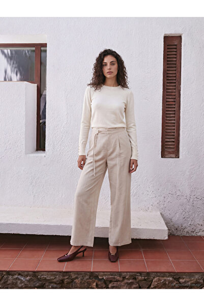 LC Waikiki Lcw Modest Beige Waist-Tie Modal Blend Women's Fabric Trousers