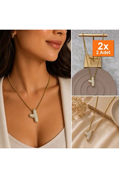 Bozhi Gold Color Stone Detailed Abstract Y Letter Figured Necklace Gold Steel