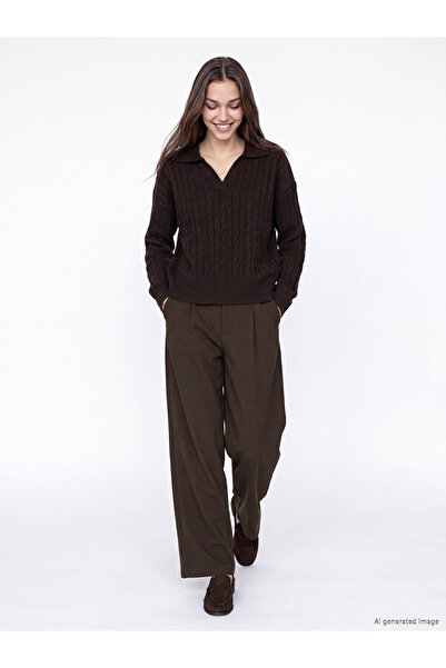 LC Waikiki Lcw Modest Brown Loose Fit Women's Pleated Fabric Trousers
