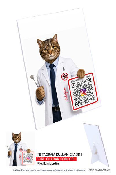 Diş Hekimlerine Özel Instagram QR Kodlu Masa Standı, Instagram QR Kodlu Masa Çerçevesi (4MM Kalın Karton) 14x19cm