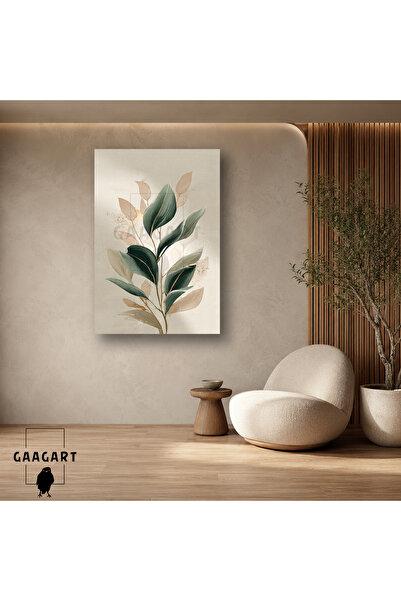 GAAGART Tekli Dikey Kanvas Tablo Krem Zeminde Yeşil ve Bej Yapraklı Sade Dekor