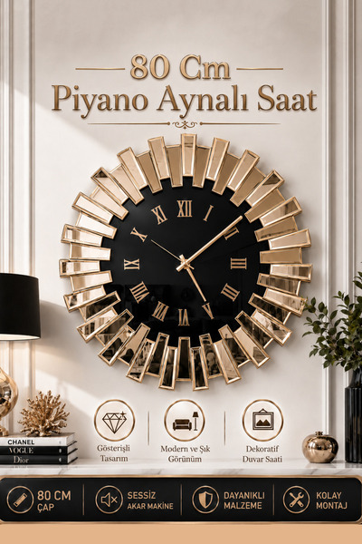 kutuTR 80 cm Piyano Aynalı Cam Duvar Saati – Siyah,Gold, Füme ve Bronz Renk S...
