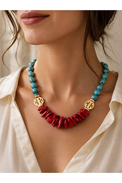 BIJUTERI Modern Design Necklace with Turquoise & Coral Stones