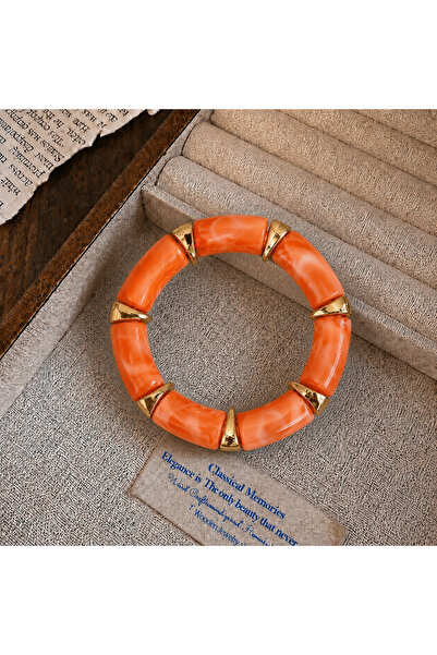 synshop Orange Bone Marble Patterned Gold Spacer Bohemian Vintage Thick Elast...