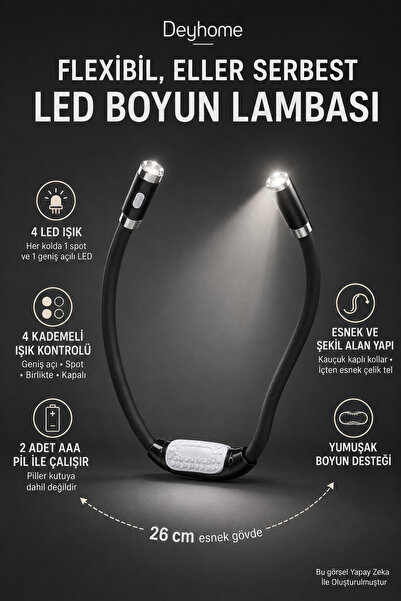 DEYHOME 4 LED Esnek Boyun Okuma Lambası Pilli Eller Serbest Kitap Kamp Tamira...