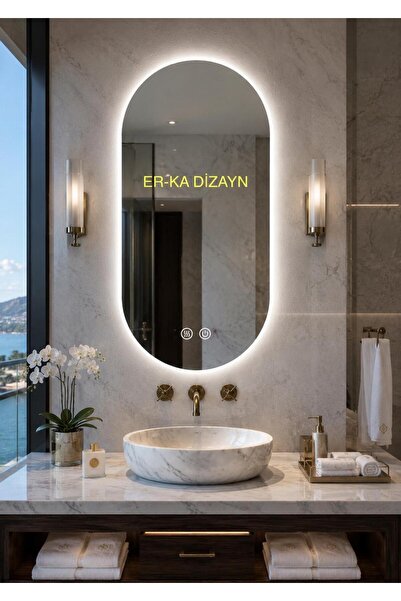 ER-KA DİZAYN Oblong Oval Buğu Çözücülü Dokunmatik Ledli Ayna Buğulanmayan Duş...