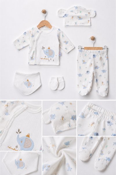 EDM Kidss 100% Cotton Newborn Baby Boy 5-Piece Hospital Discharge Set 100% Cotton Elephant Embroidered Patterned Bodysuit Set Size 56 (0-3 Months)