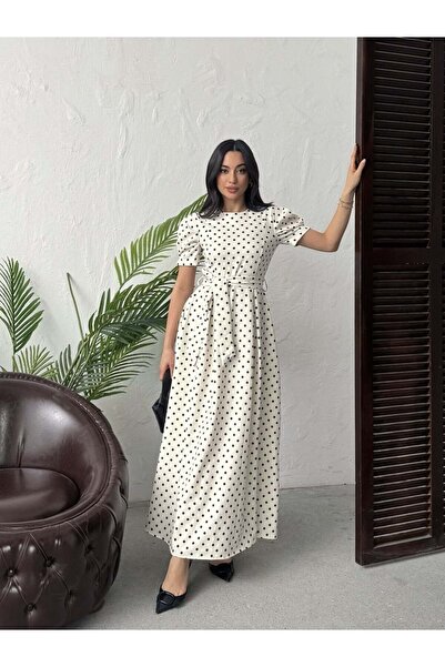 Moda Days Women's Ecru - Ekru Polka Dot Maxi Length Belted Balloon Sleeve Rou...