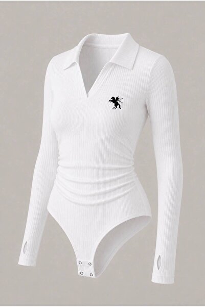 Violon White Long Sleeve Ribbed Polo Collar