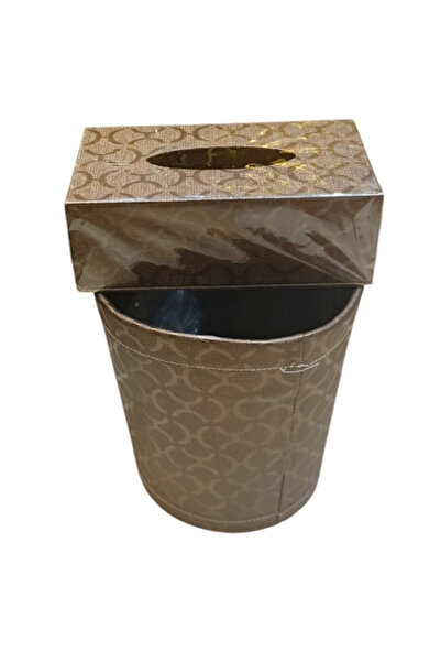 Generic Trash Can and Tissue Box Set with Gold Geometric Pattern