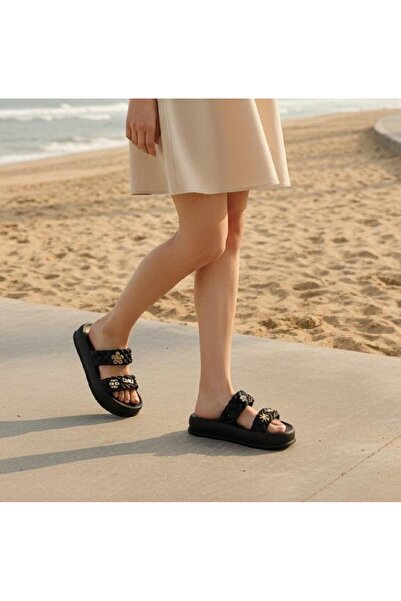AkınalBella 423 Black Double-Strap Stone-Embellished Eva Slippers