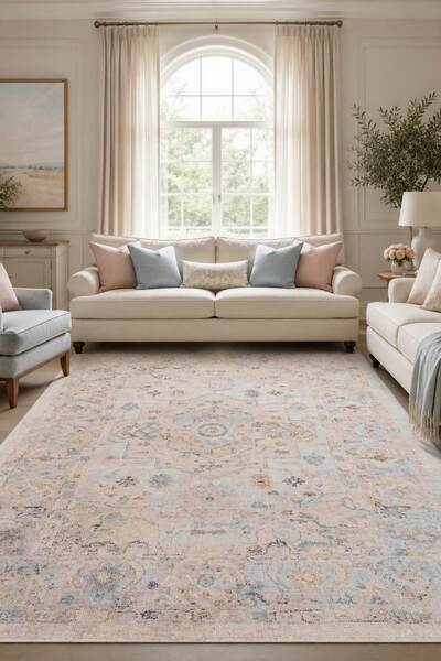 Oriente Home Arvena Serisi Retro Krem Şönil Makine Halısı Kaymaz Taban Yıkanabilir Salon Halısı 5003