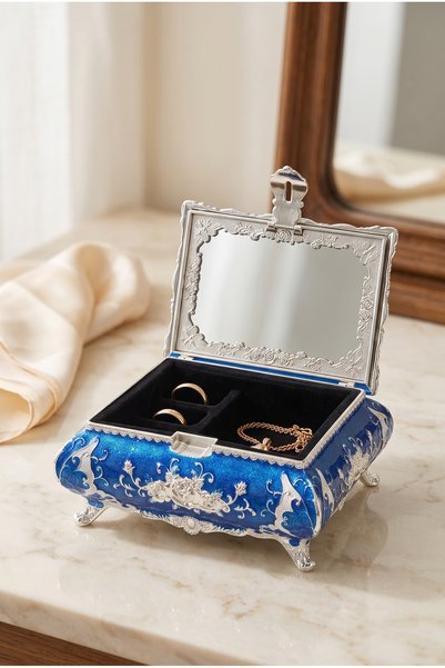 RASHA COLLECTION Silver Plated Embossed Rose Pattern Mirrored Jewelry Box