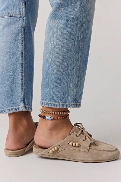 İX Vessia Women's Genuine Leather Suede Open-Back Beaded Detailed Loafer