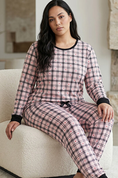 Siyah İnci Plaid Patterned Cotton Lycra Large Size Oversized Knitted Pajama S...