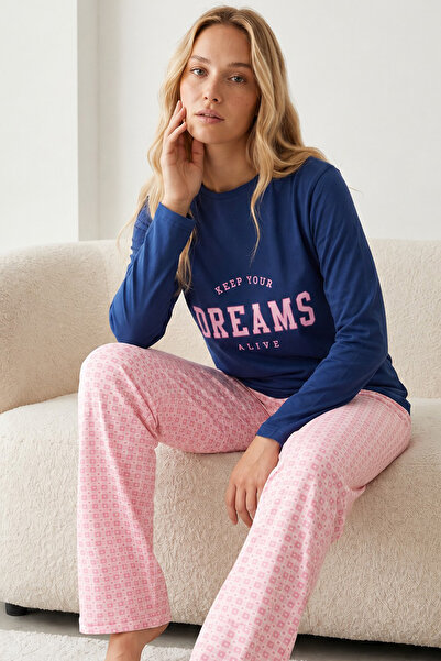 Siyah İnci Indigo Patterned Cotton Lycra Knitted Pajama Set26240332