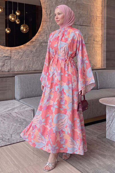 Salih Çelebi Floral Patterned Dress Y0165 - Pink