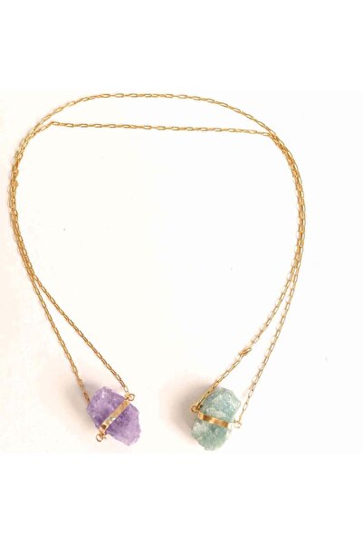 craftmystic Rough amethyst and aquamarine necklace with 925 silver, 18K gold ...