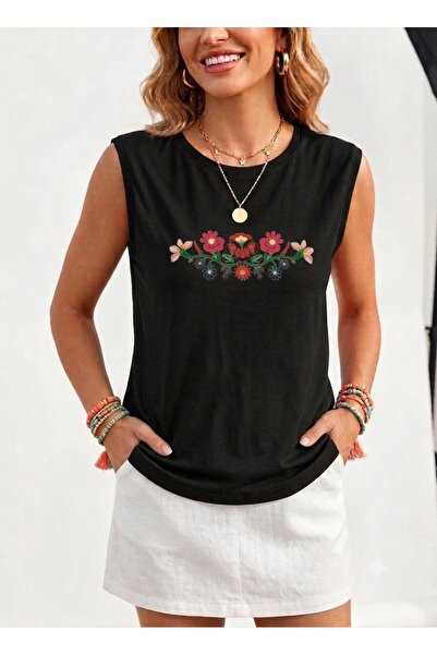 FUFLUNS Patterned Flowers Women's Regular Fit Crew Neck Sports Sleeveless T-S...