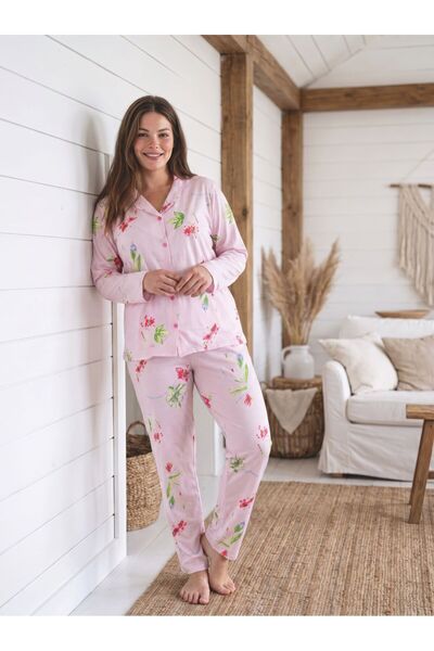 BALİS PİJAMA Women's Small Floral Patterned Plus Size Buttoned Pajama Set Lon...