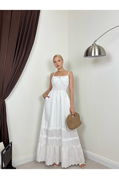 Clothes Fast Women's White Strappy Maxi Dress with Gipeli Waist Scallop Detai...