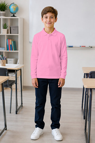 QKK Children's Unisex Pink Long Sleeve Polo Collar School T-Shirt 100% Cotton...