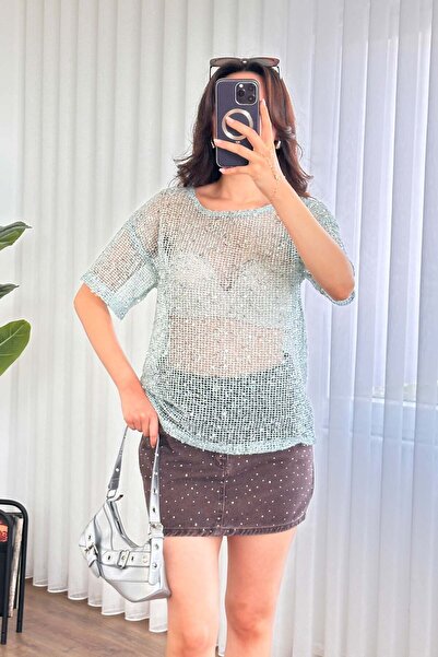 Clothes Fast Bluză de damă, verde mentă, cu paiete, texturată, cu decolteu ro...