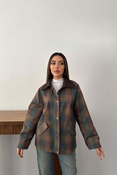 Clothes Fast Women's Burgundy Plaid Decorated Shirt Collar Lined Oversize Jac...