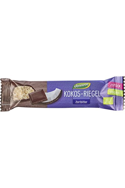 Dennree Baton de cocos glazurat cu ciocolată neagră organică, 40g
