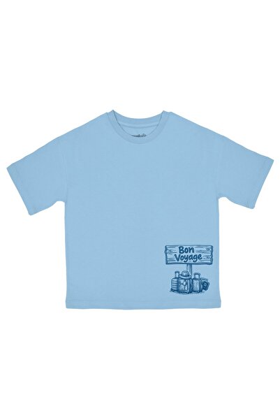 OrganicKid Bon Voyage Erkek Çocuk Açık Mavi Oversize T-shirt