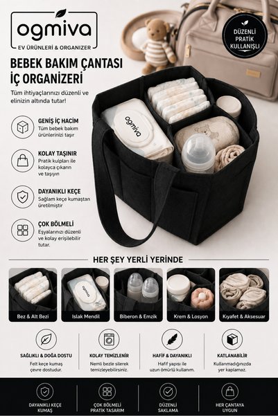 OgMiva Baby Bag Organizer – Multi-Compartment Felt Mother Baby Care Organizer