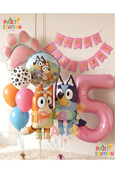 Parti Station Bluey and Chilli Themed 5-Year-Old Foil Balloon Set – 10 Pieces...